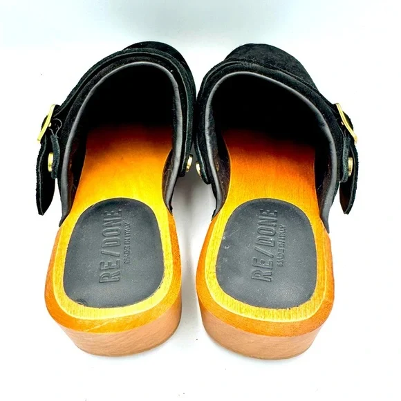 Re/Done Sz 39 70’s Classic Clogs Black suede on wooden platform - Picture 6 of 9